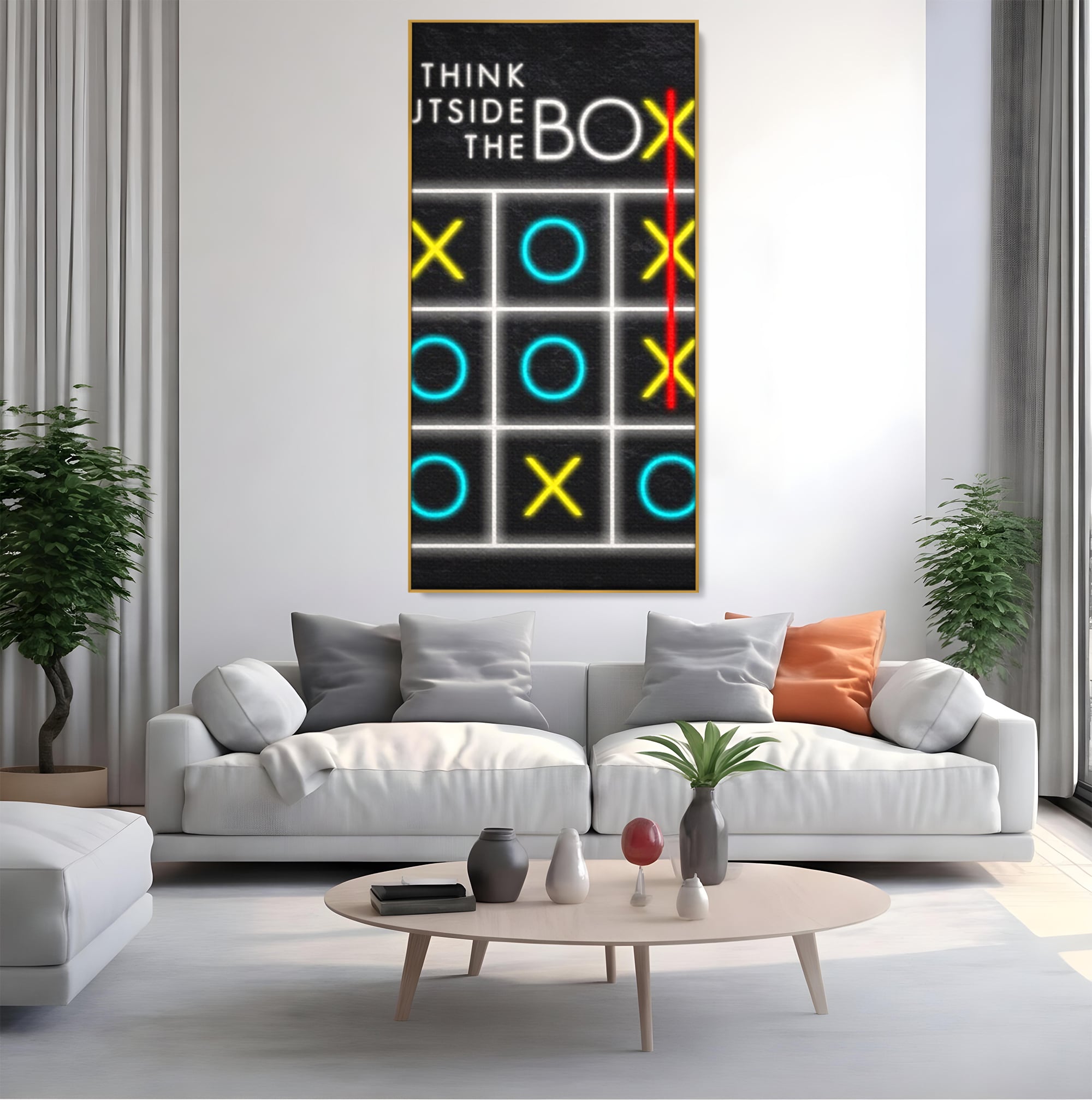 Tablou canvas cu tablou canvas cu joc de tictactoe si text, in rama de aluminiu auriu, pe perete intr-un living